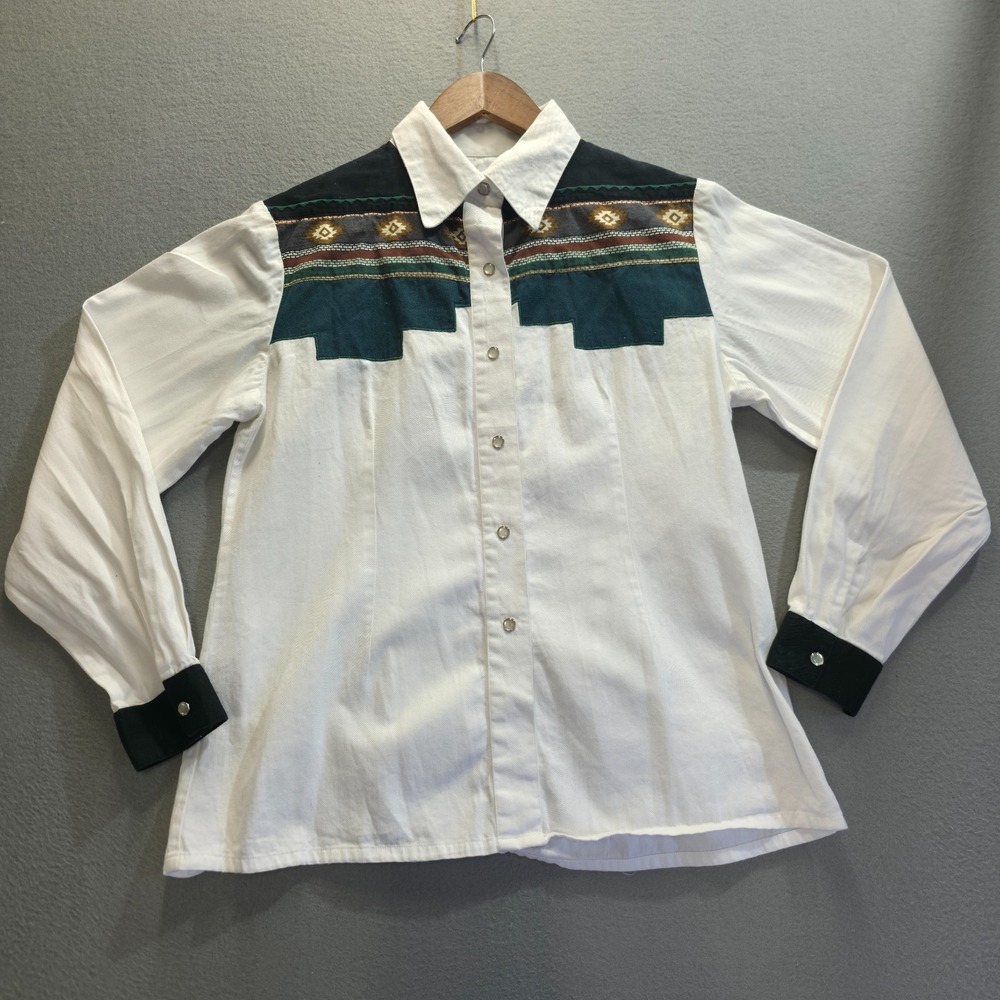 Crazy Cowgirl Women's White Southwestern Style Pearl Snap‎ Shirt Size Large